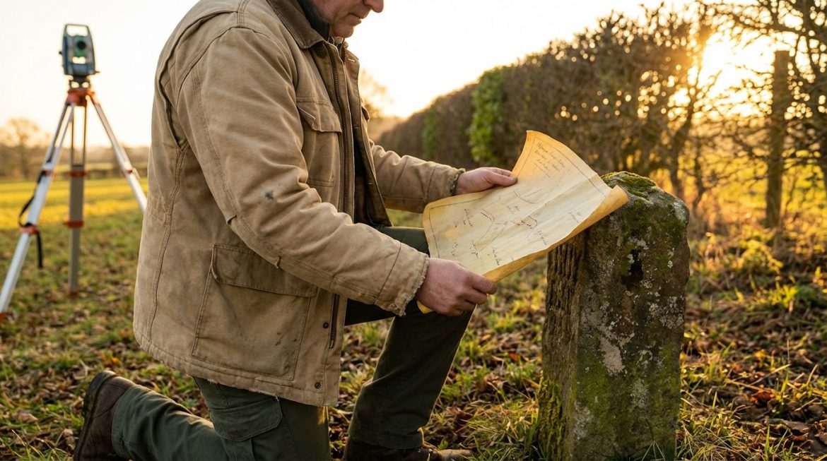 Un géomètre à genoux examine une vieille carte près d'une borne moussue, avec un instrument de topographie en arrière-plan.