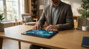 Homme en veste utilisant une tablette avec icônes de PDF, cadenas et graphiques. Il gère des informations et documents clients en ligne, dans un bureau lumineux.