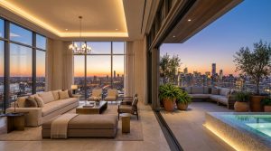 Intérieur de penthouse moderne avec vue panoramique sur la ville au coucher du soleil, ouvrant sur une terrasse avec piscine et salon extérieur.