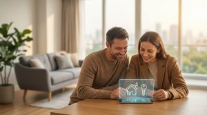 Un homme et une femme heureux consultent une tablette avec des icônes de maison et de clé, symbolisant la recherche de logement.