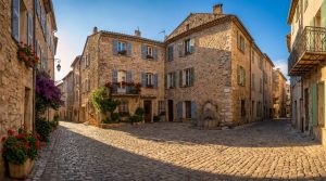 Ruelle pittoresque de Grasse, Provence, avec maisons en pierre, volets bleus/verts, fleurs colorées, et une fontaine sous un ciel bleu.