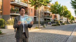 Un homme examine une carte holographique de quartiers résidentiels modernes sur une tablette transparente, en pleine rue.