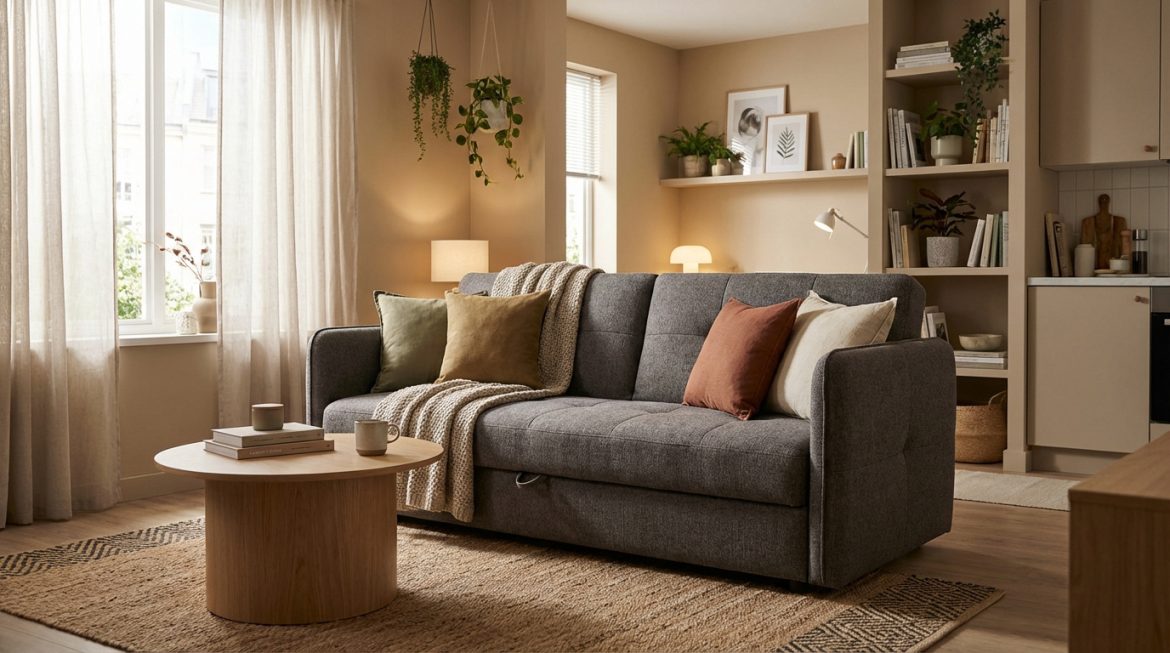 Canapé lit convertible Center : comment bien choisir pour un petit espace ? Un canapé lit convertible gris anthracite dans un salon moderne et lumineux aux tons neutres, avec table basse en bois, plantes et étagères.