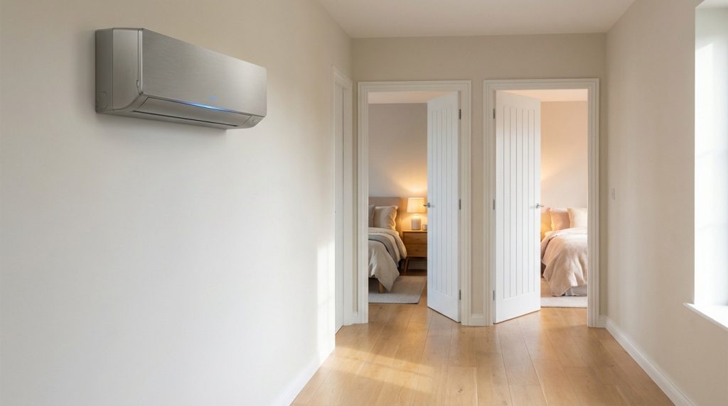 Climatiseur mural argenté dans un couloir lumineux avec parquet, face à deux portes ouvertes sur des chambres à coucher.