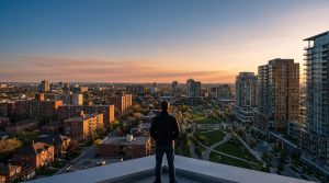 Homme sur un toit observant un panorama urbain étendu au coucher du soleil, avec des immeubles modernes et des espaces verts.