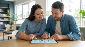 Un couple souriant utilise une tablette affichant une carte avec des icônes immobilières pour leur recherche de logement.