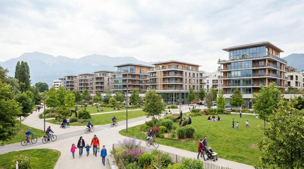 Quartier Les Eaux Claires à Grenoble: immeubles modernes, grand parc vert animé par des piétons, cyclistes et familles. Montagnes.
