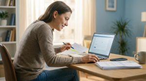 Jeune femme souriante, stylo en main, travaillant sur un ordinateur portable affichant un formulaire, avec des documents sur la table.