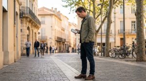 Un homme brun regarde son smartphone affichant une carte sur une rue pavée bordée de bâtiments et d'arbres ensoleillés.