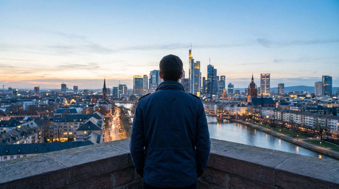 Vue arrière d'un homme regardant une ville moderne avec gratte-ciel et rivière au crépuscule, lumières allumées.