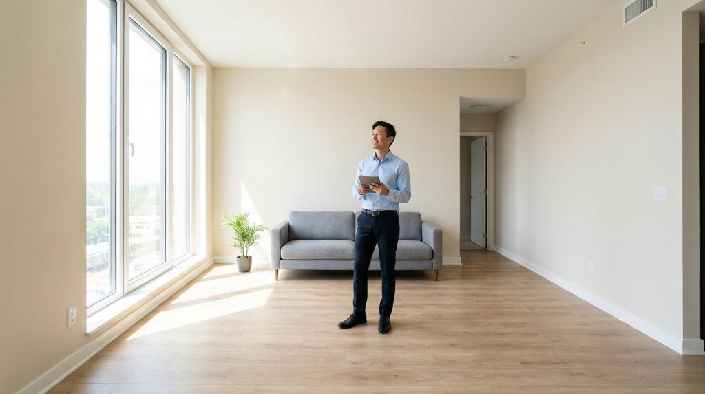 Un homme inspecte un appartement vide avec une tablette. Il évalue l'état des lieux après le départ d'un locataire.