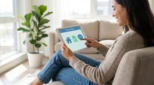 Femme souriante gère son espace locataire sur tablette. L'écran affiche "MY HOME PORTAL" avec icônes maison, doc et chat.