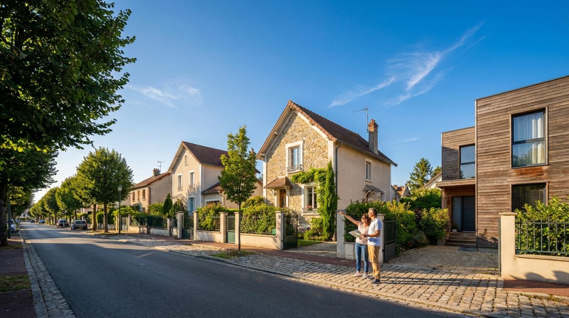 Un couple observe des maisons de styles variés (traditionnel et moderne) dans une rue résidentielle arborée à Sucy-en-Brie.