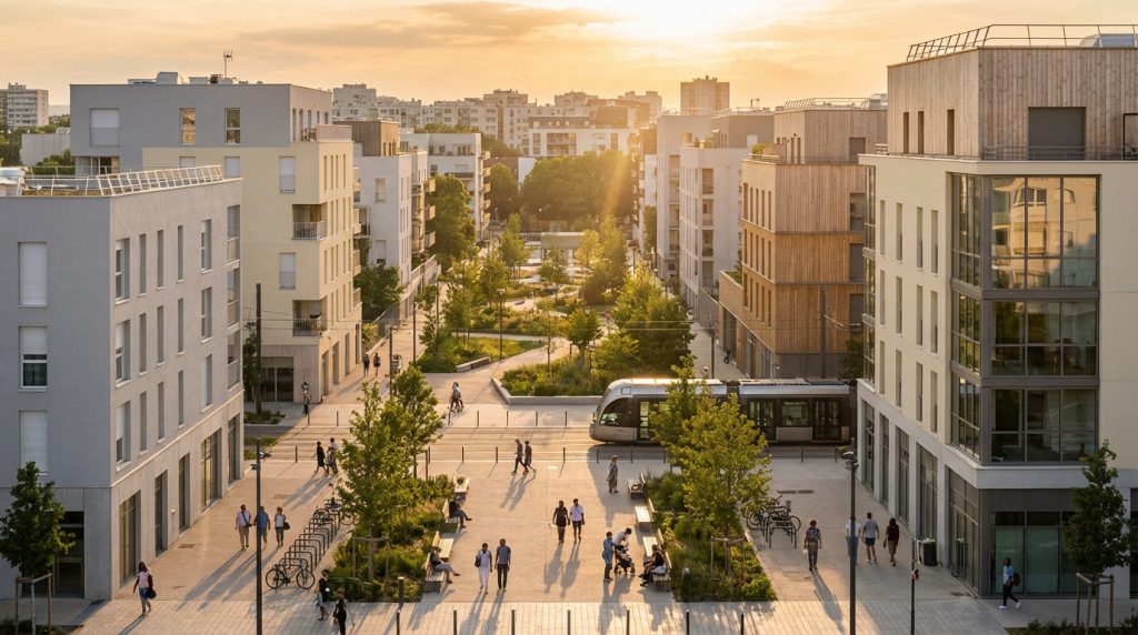 Quartier moderne au coucher du soleil : immeubles contemporains, tramway, allées piétonnes, parc urbain et résidents.