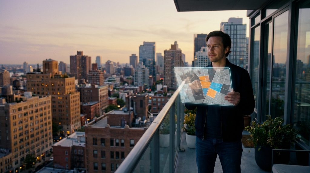 Un homme analyse une carte interactive des zones urbaines à risque sur une tablette transparente depuis un balcon surplombant une ville au crépuscule.