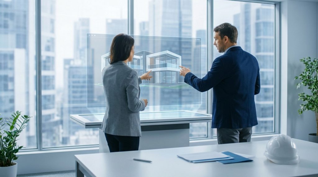 Deux architectes planifient un projet sur une maquette 3D holographique d'une maison moderne, dans un bureau lumineux avec vue sur la ville.