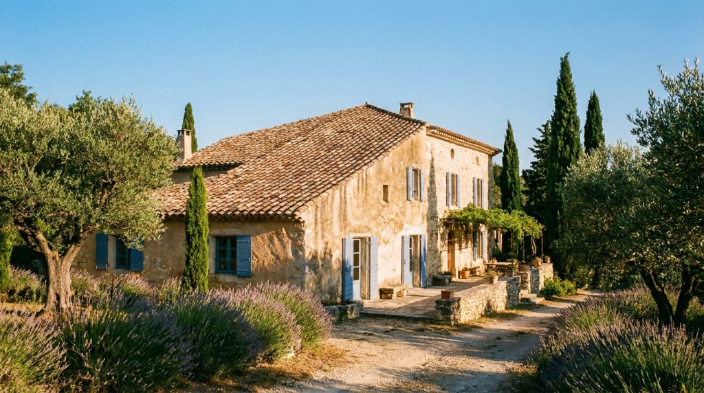 Grande maison provençale en pierre avec toit de tuiles et volets bleus, entourée de champs de lavande, oliviers et cyprès.