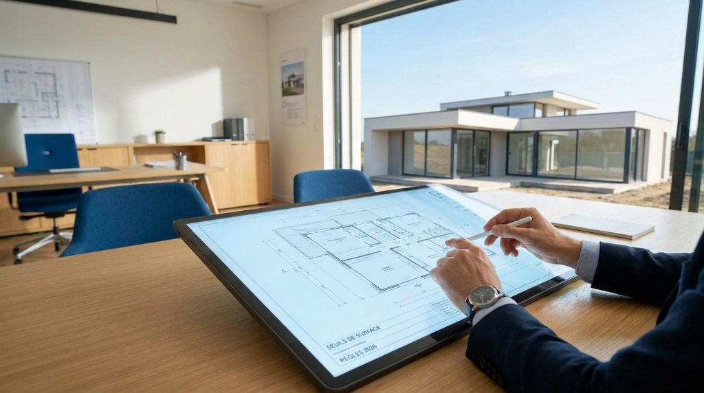Mains d'architecte utilisant une tablette tactile pour modifier des plans de construction 2026, avec une maison neuve en arrière-plan.