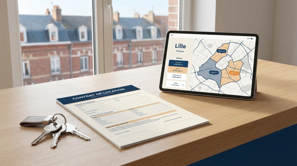 Sur un bureau en bois, un contrat de location, des clés et une tablette avec une carte des zones immobilières de Lille et des données.