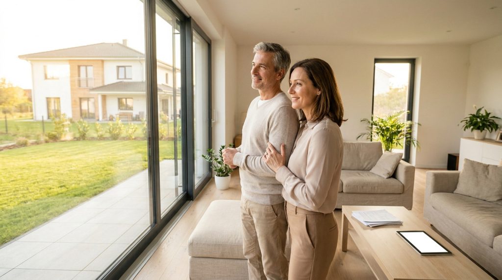 Couple souriant regardant par la fenêtre de leur salon moderne vers leur jardin et une grande maison. Ils semblent sereins et pensifs.