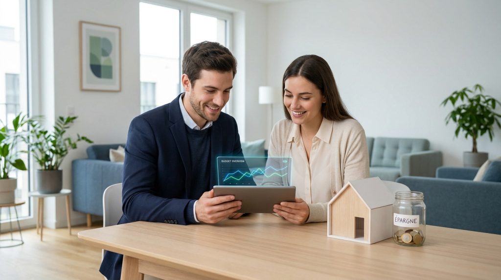 Couple souriant examinant un budget sur tablette numérique. Une maison miniature et une jarre d'épargne symbolisent leurs projets.