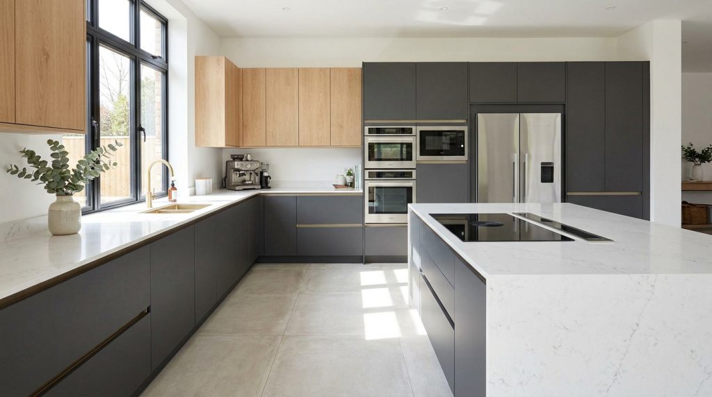 Cuisine moderne et élégante avec armoires grises et bois clair, comptoirs quartz blanc, électroménager intégré et grand îlot.
