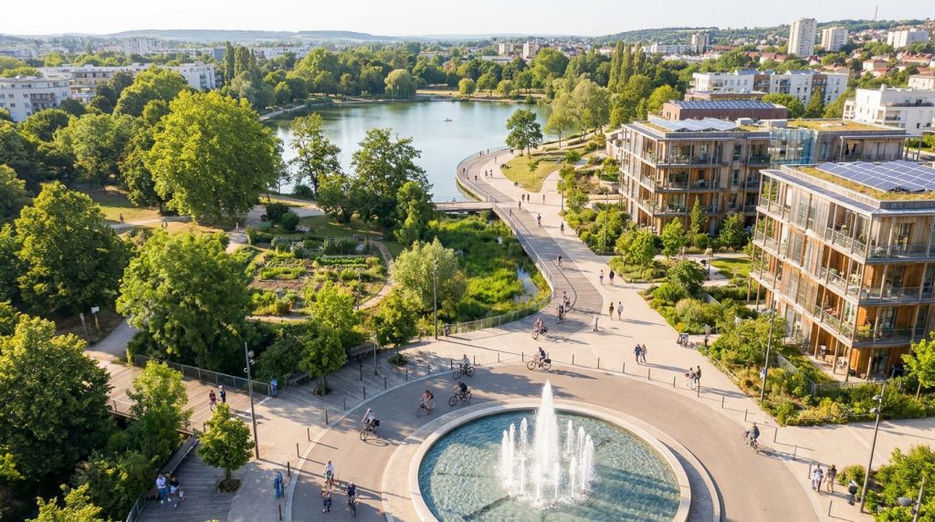 Vue aérienne de la Fontaine de l'Ouche à Dijon: bassin, cyclistes, bâtiments écologiques, parc verdoyant et Lac Kir.