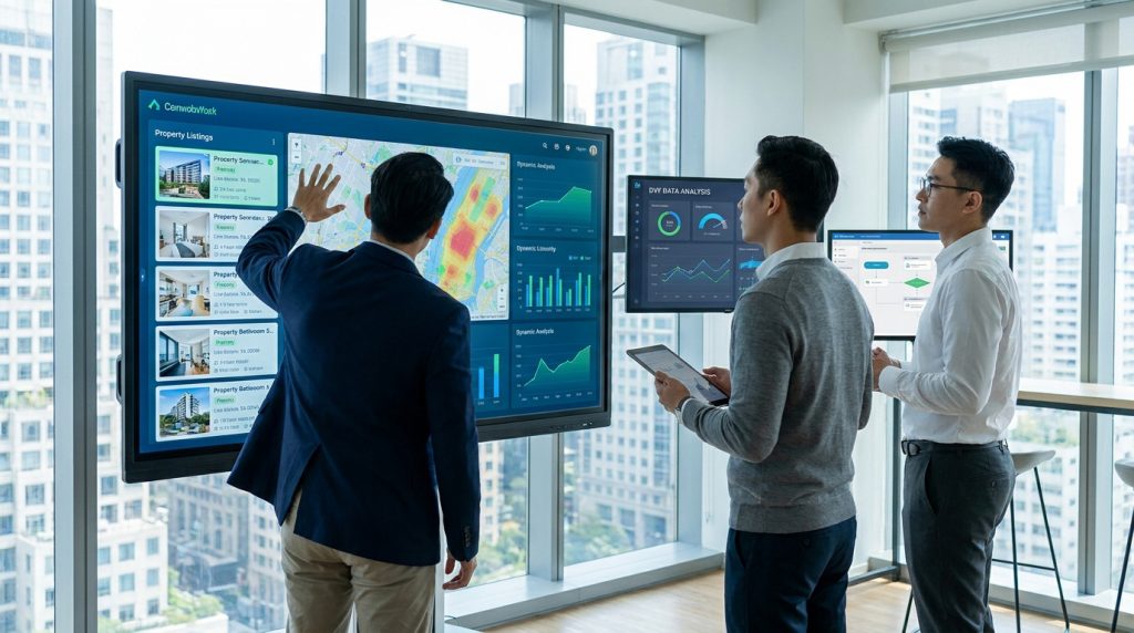 Trois professionnels analysent des annonces immobilières et des données de marché sur des écrans interactifs en bureau moderne.