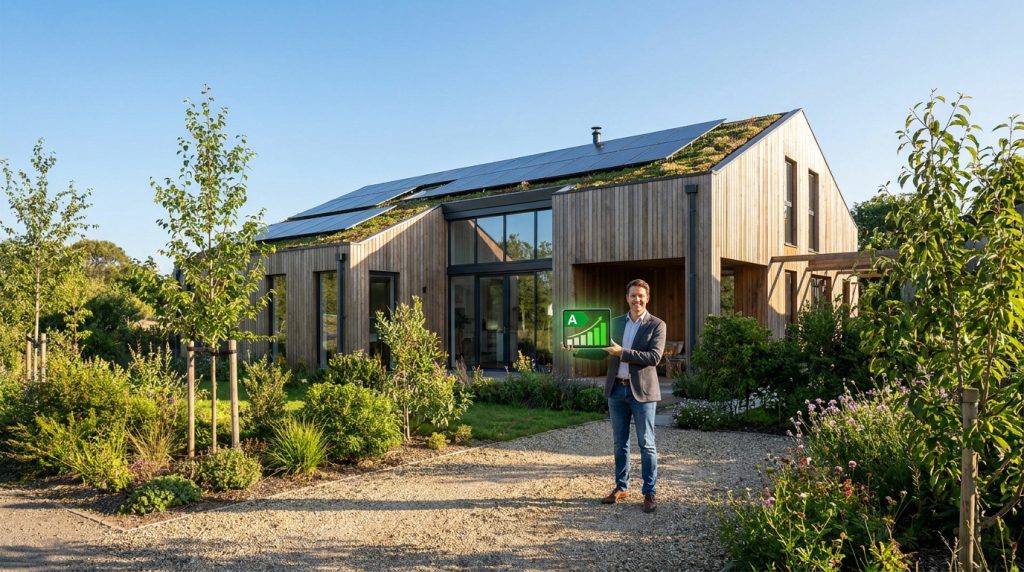 Homme souriant tenant un écran DPE "A" devant une maison moderne en bois, équipée de panneaux solaires et d'un toit végétalisé.
