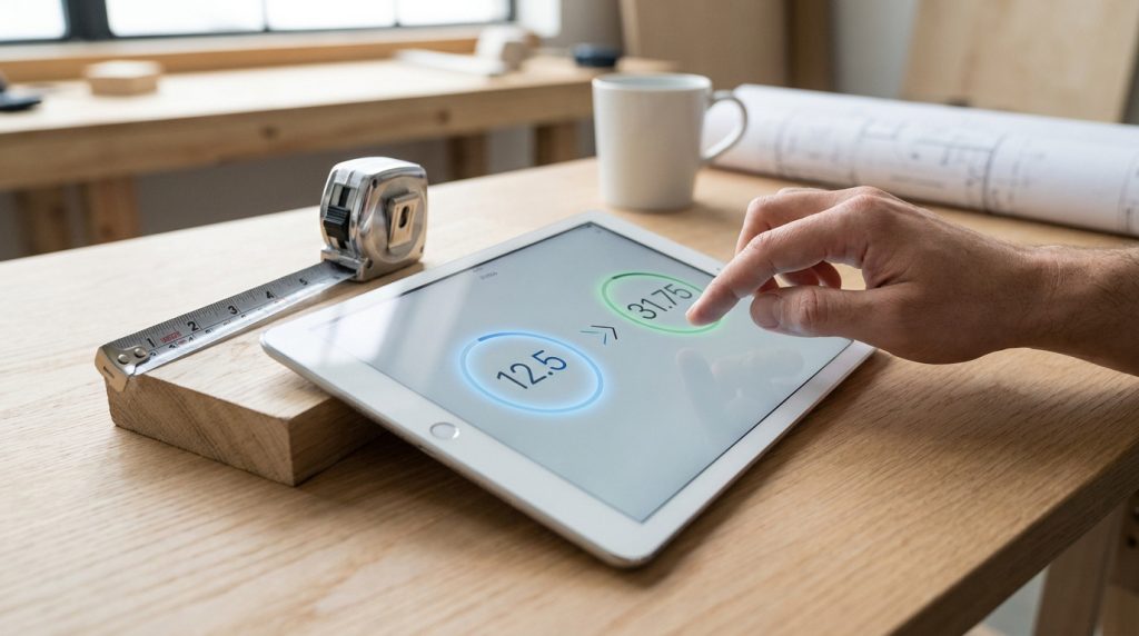 Gros plan sur une main utilisant une application de conversion pouces-cm sur une tablette, à côté d'un mètre ruban et de plans.