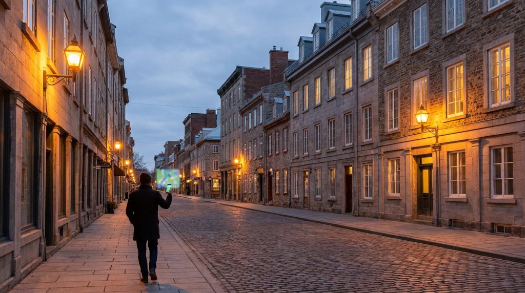 Un homme de dos marche dans une rue pavée ancienne. Il consulte son smartphone qui projette une carte lumineuse en réalité augmentée.
