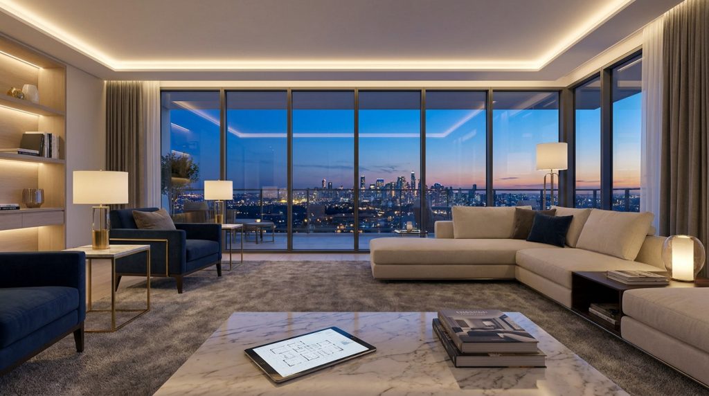 Vue d'un salon luxueux avec de grandes baies vitrées donnant sur une ville illuminée au crépuscule.