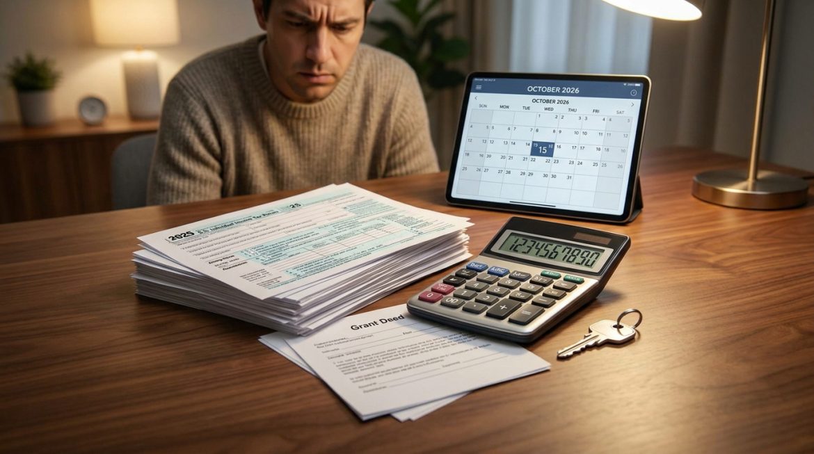 Déficit foncier et vente : comment éviter le redressement ? Homme concentré devant des documents fiscaux, un calendrier et une calculatrice, réfléchissant à ses impôts immobiliers.