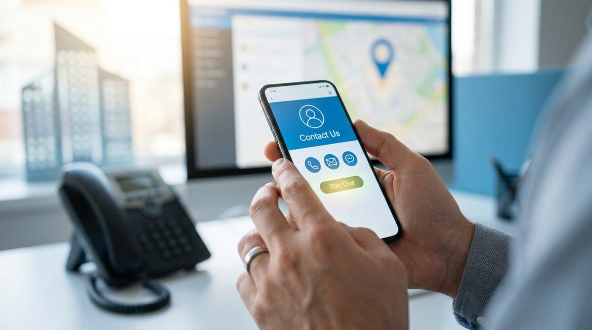 Mains tenant un smartphone affichant une page de contact avec des icônes d'appel, d'e-mail et de chat.