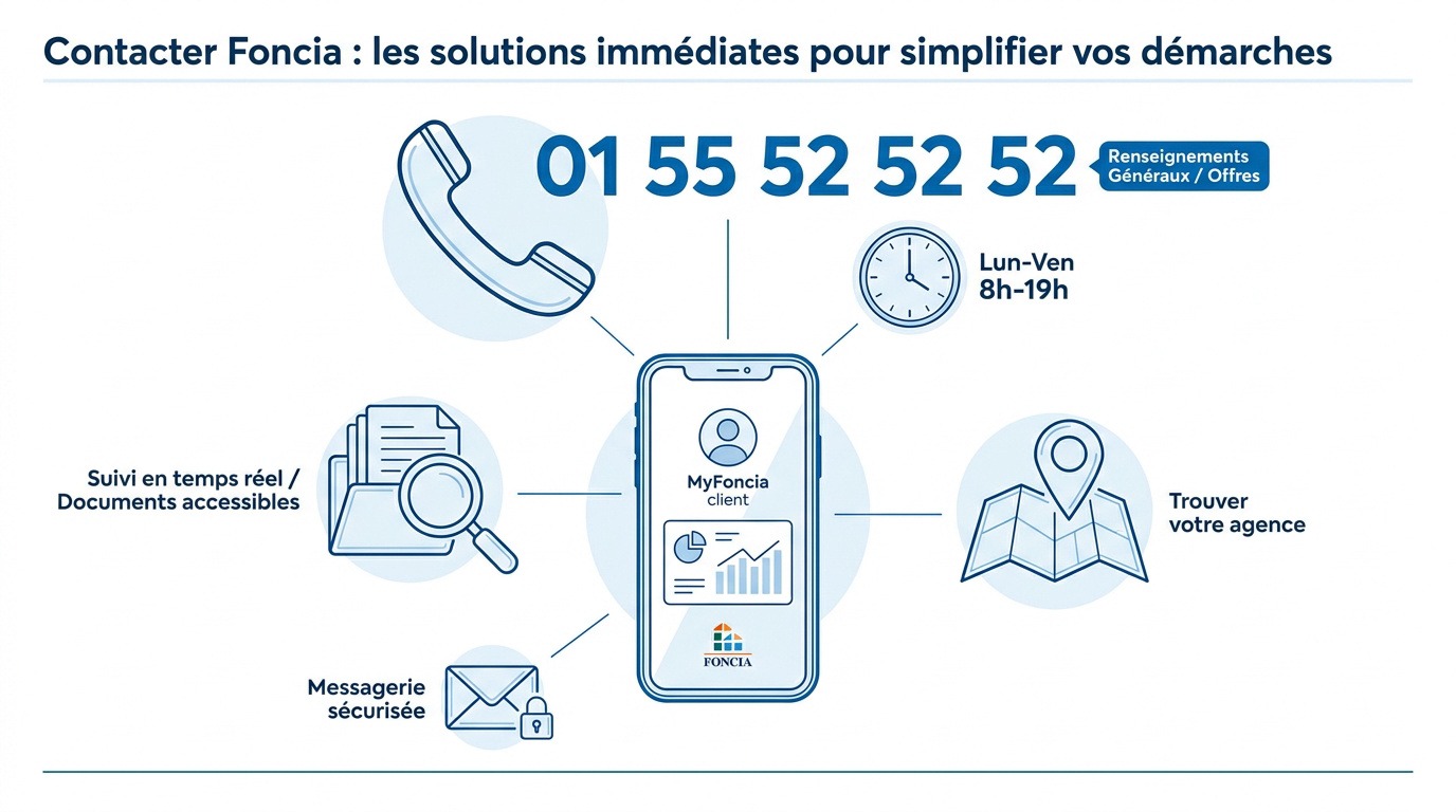 Interface digitale pour contacter le service client Foncia et gérer ses démarches immobilières