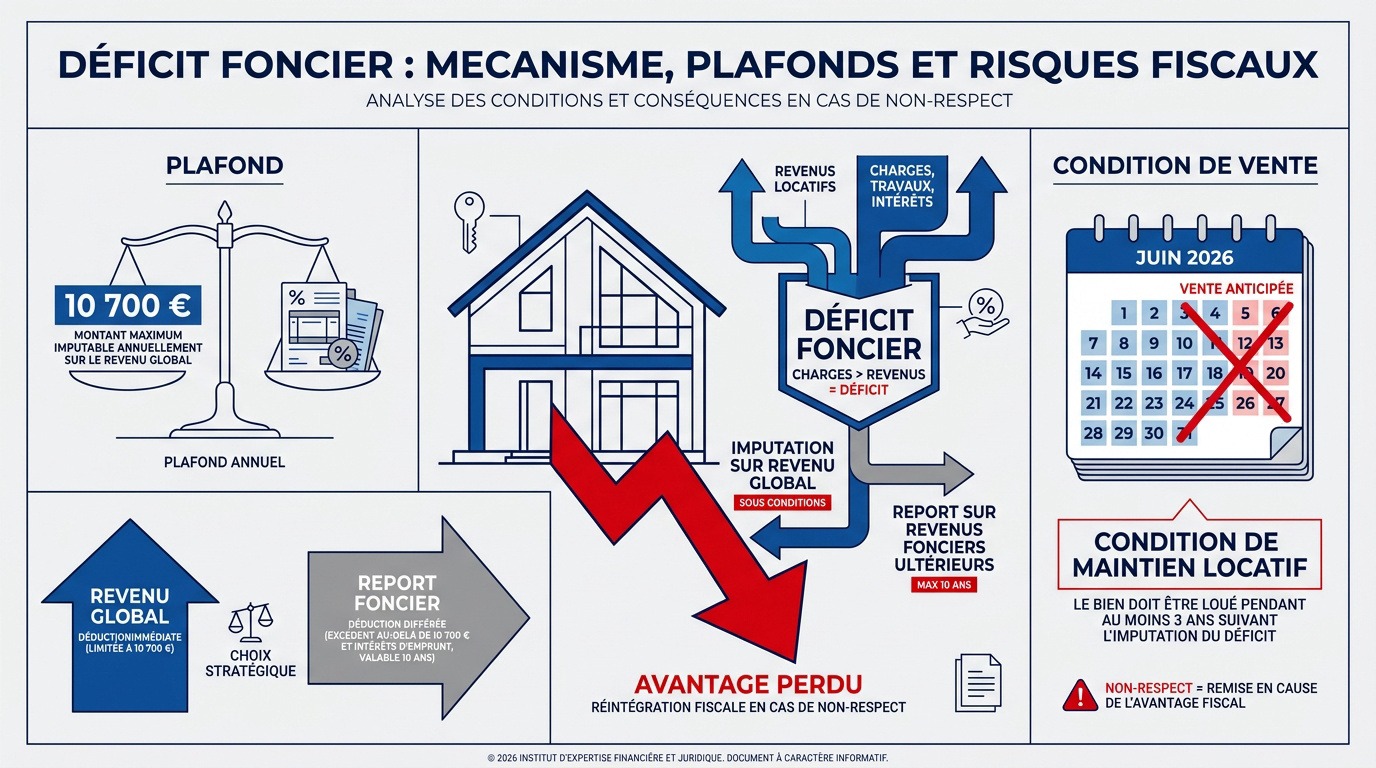 Schéma expliquant le mécanisme du déficit foncier et les plafonds d'imputation