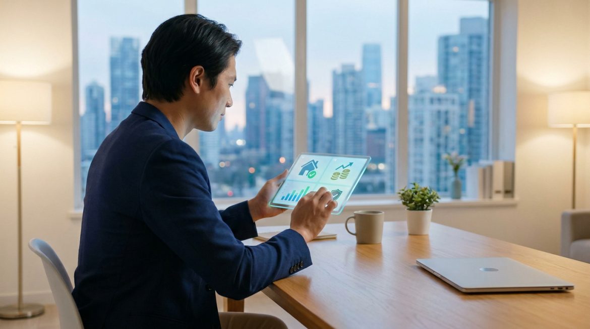 Avis Monsieur Hugo : la gestion locative simplifiée en 2026 Un homme d'affaires utilise une tablette transparente pour consulter des statistiques de gestion immobilière.