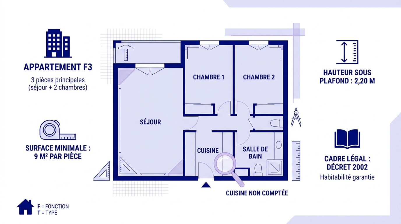 Infographie expliquant la définition et le cadre légal d'un appartement F3