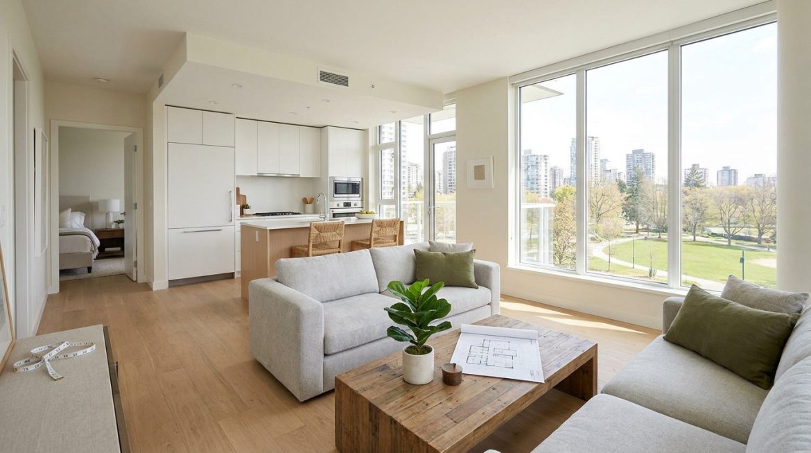 Quelle est la taille appartement f3 idéale pour vous ? Salon lumineux et moderne d'un appartement F3 avec cuisine ouverte, canapés et vue sur un parc urbain.