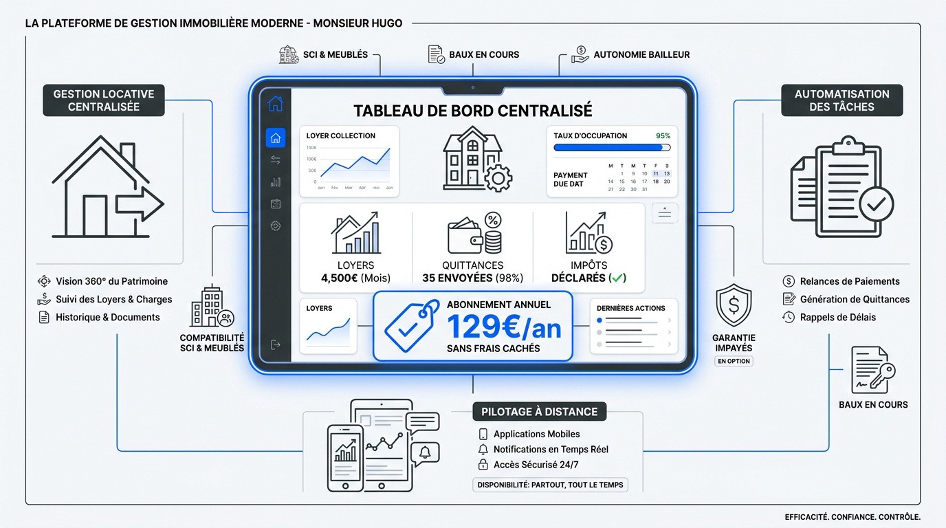 Interface de gestion locative centralisée Monsieur Hugo sur ordinateur et tablette