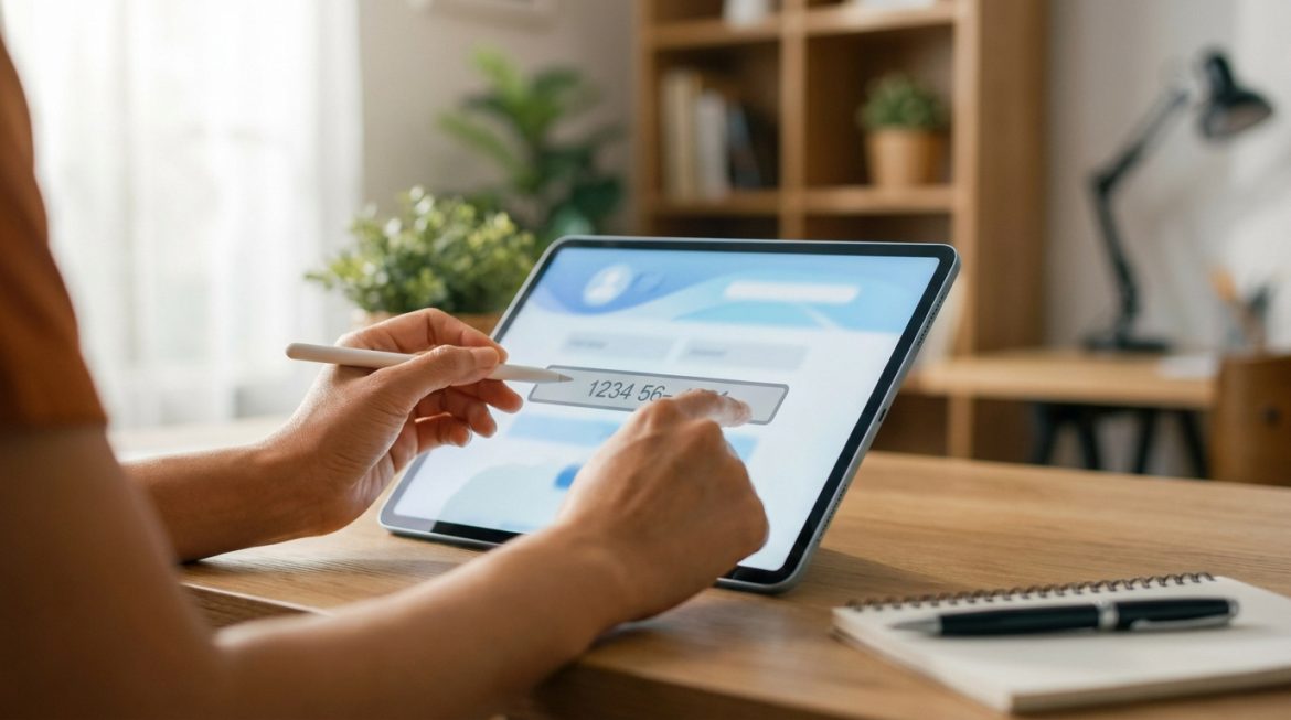 Une personne utilise un stylet sur une tablette pour saisir un numéro d'identifiant fiscal sur un site web.