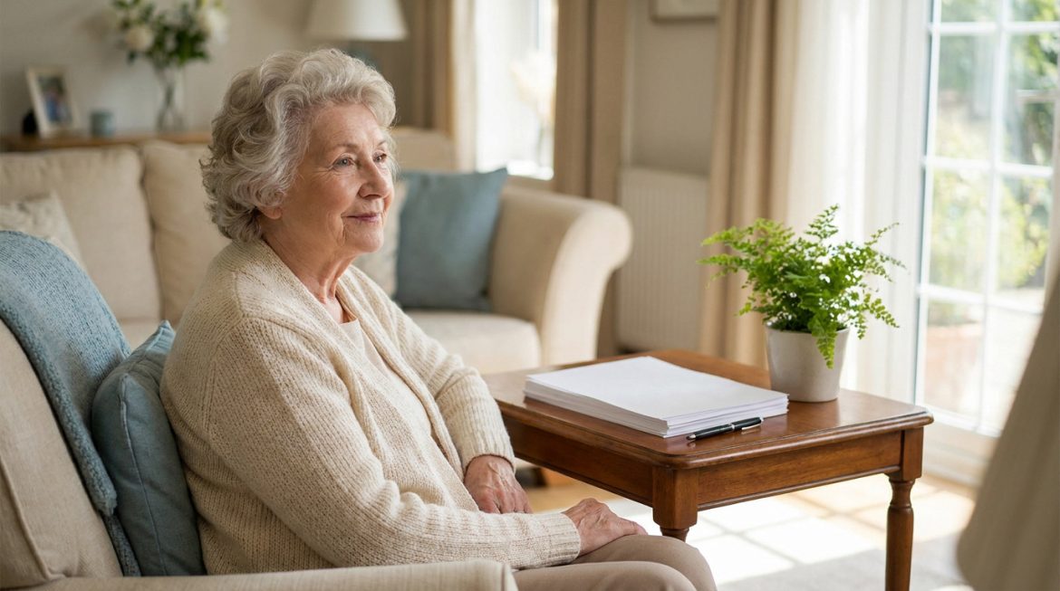 Tout savoir sur l’abandon d’usufruit à 80 ans Une femme âgée sereine assise dans un salon près d'une table avec des documents administratifs à signer.