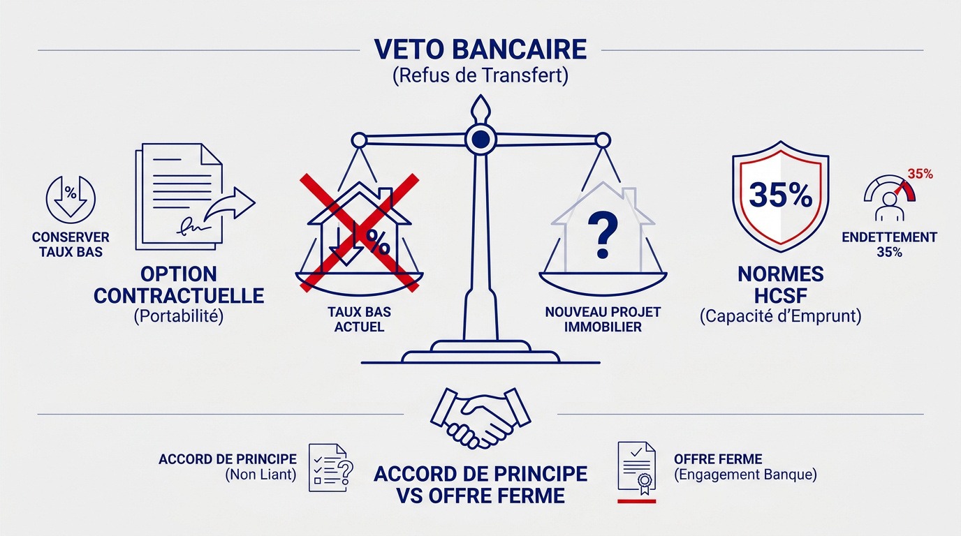 Illustration d'un conseiller bancaire expliquant un refus de transfert de prêt immobilier