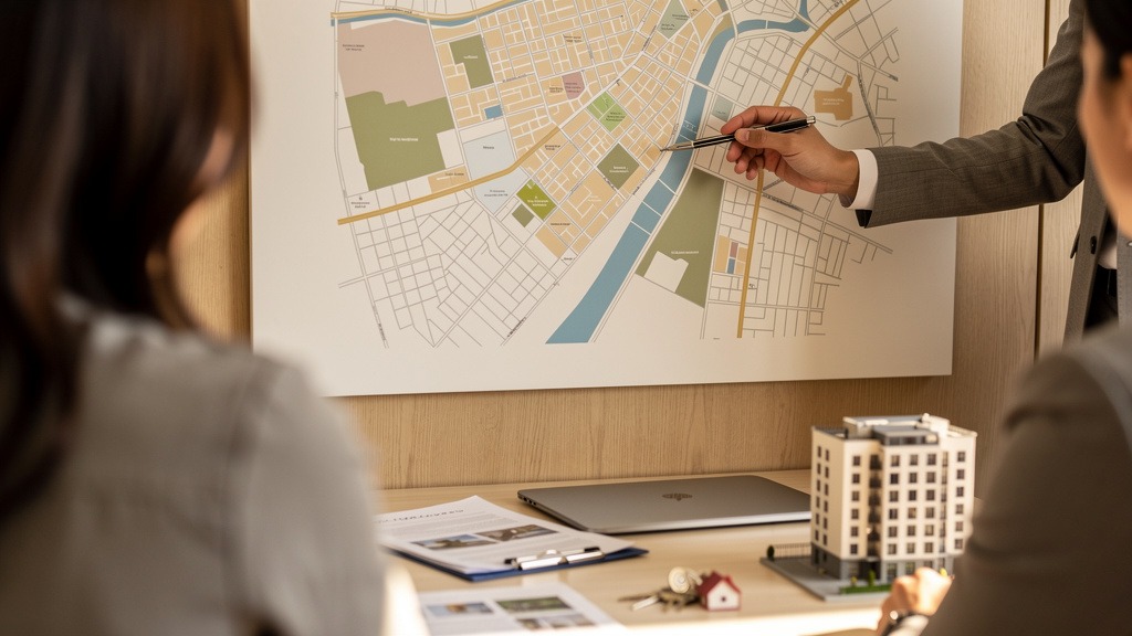 Agent immobilier conseillant un couple devant une carte de ville