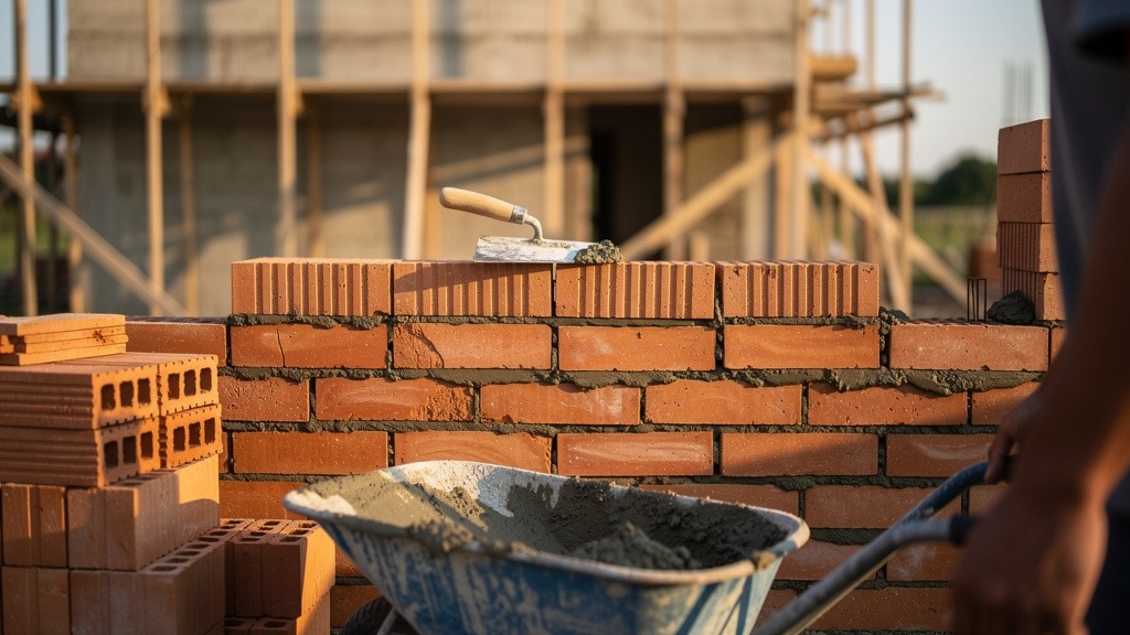 Maçon posant des briques sur les murs d'une maison en chantier