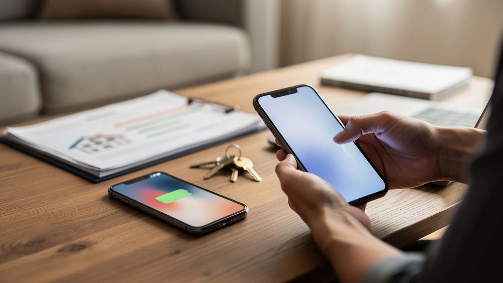 Personne consultant une application de syndic en ligne sur smartphone