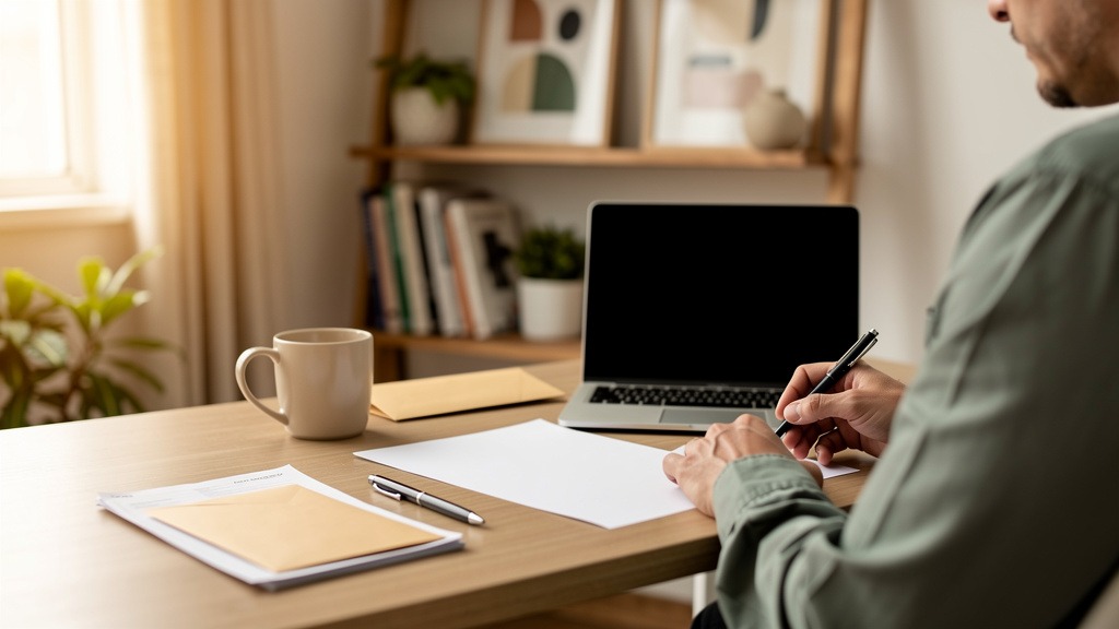 Propriétaire rédigeant une lettre recommandée à son bureau à domicile