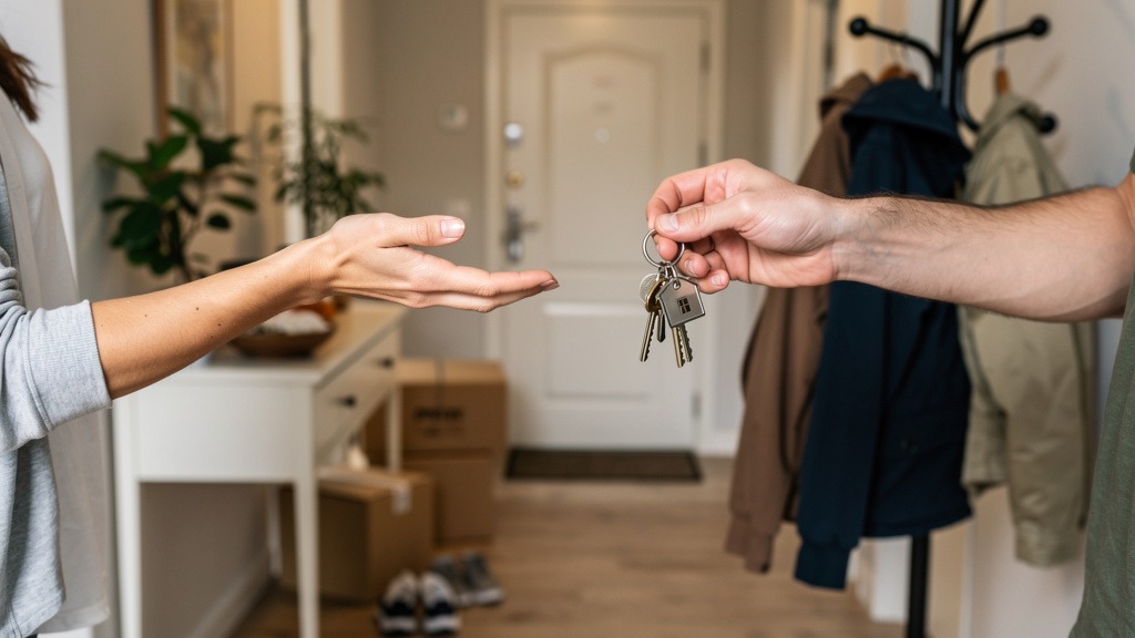Propriétaire remettant les clés à ses nouveaux colocataires