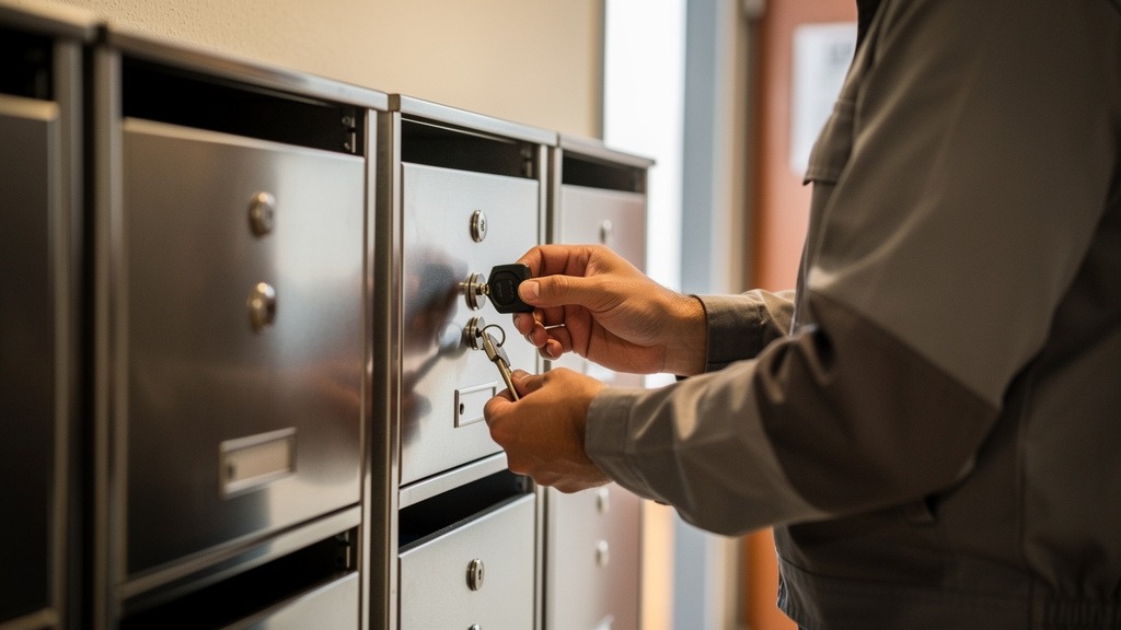 Technicien inspectant une serrure de boîte aux lettres