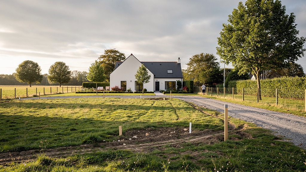 Terrain constructible en zone rurale normande avec une maison neuve visible en fond